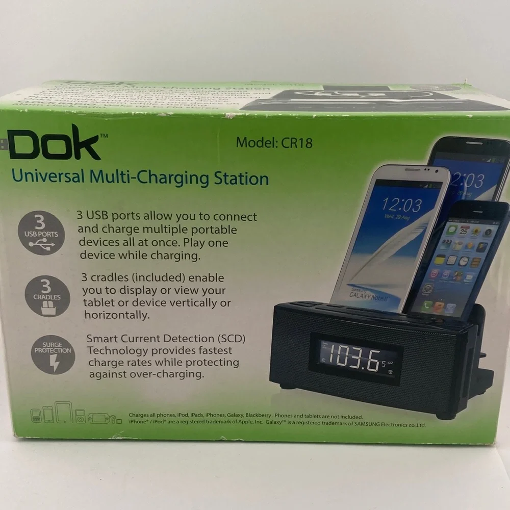 DOK CR18 Universal Multi-Charging Station Alarm Clock AM/FM radio